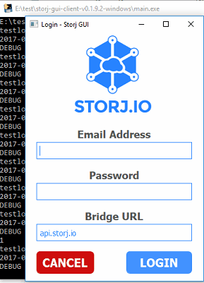 Storj GUI client login window