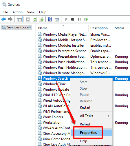 access properties of windows search local service