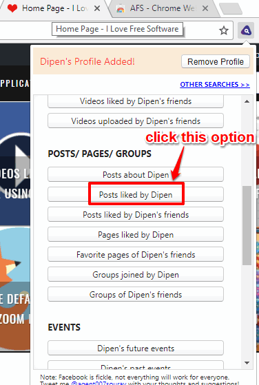click posts liked by user option