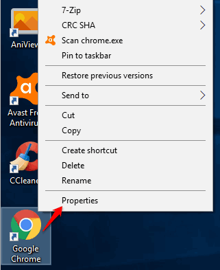 click properties option of chrome