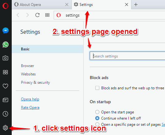 click settings page