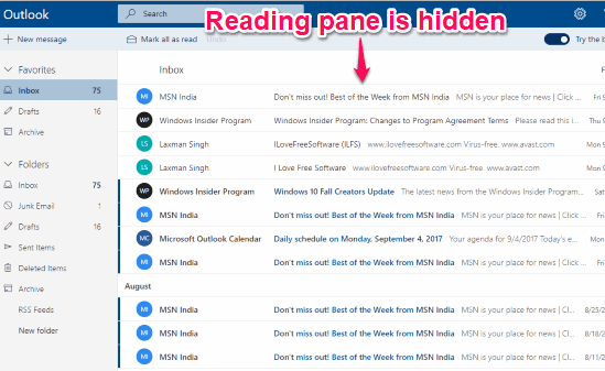 reading pane is hidden