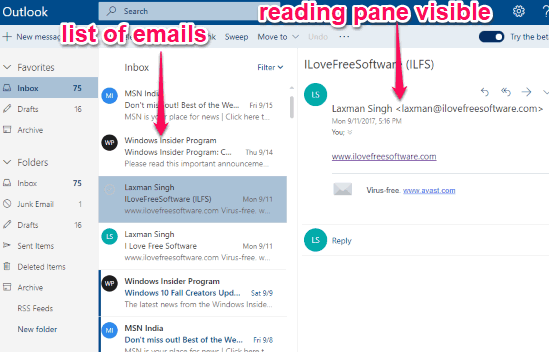 reading pane is visible