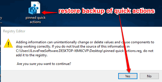 restore backup of quick actions