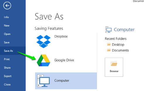 save file from ms excel, powerpoint, word to google drive