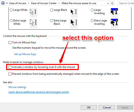 select activate a window by hovering over it option