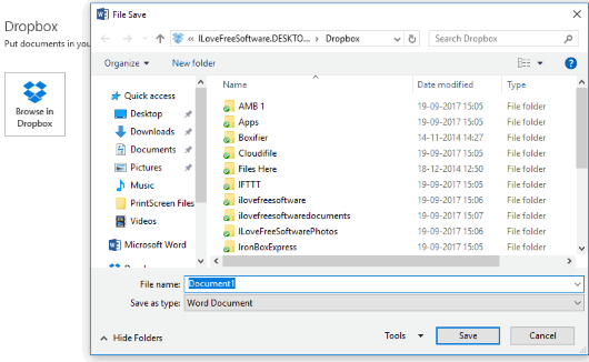 select any folder stored in your dropbox account to save file