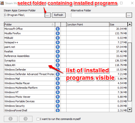 select folder containing list of installed programs