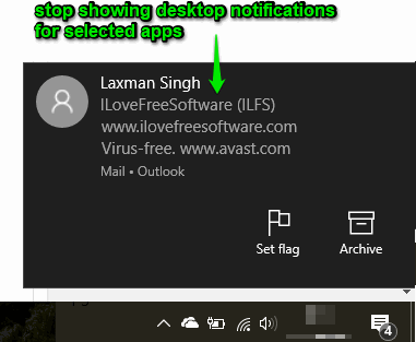 stop showing desktop notifications for selected apps in windows 10