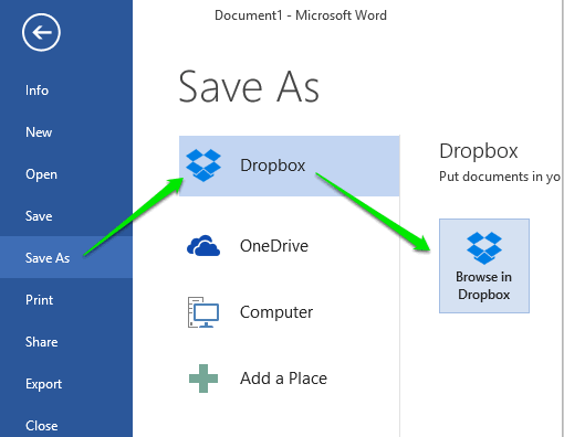 use Dropbox option in save as menu