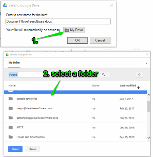 use my drive button and select a google drive folder to save file