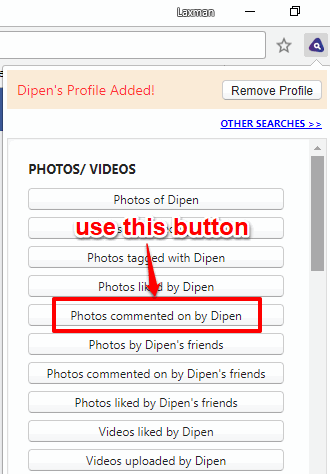 use photos commented on by user button