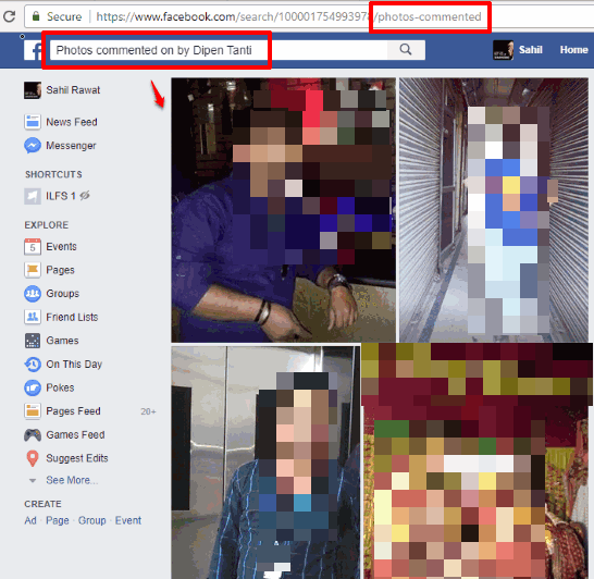 view photos commented on by a facebook user in chrome
