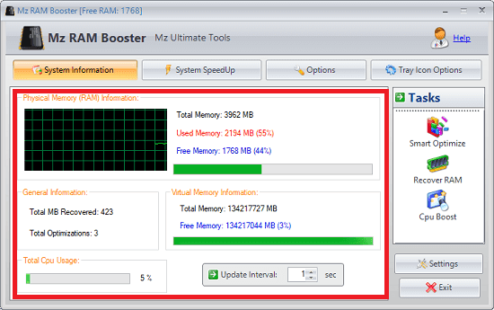 Mz RAM booster software interface