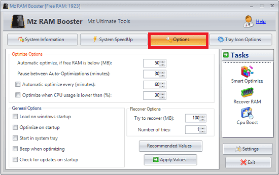 Mz RAM booster software system automate optimizing tasks