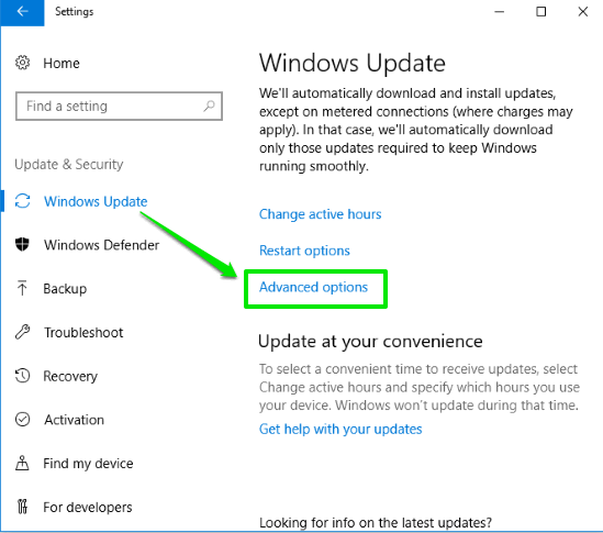 click advanced options in Windows Update page