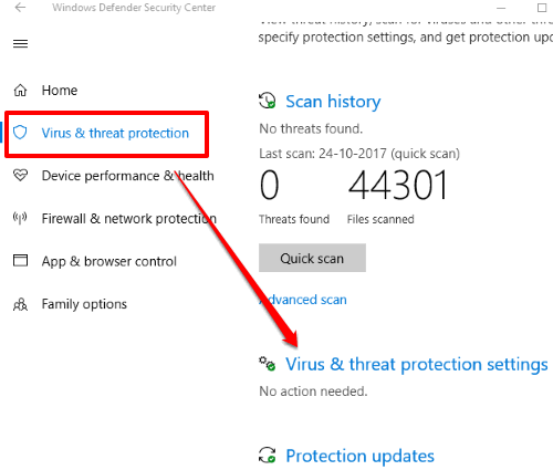 click virus and thread protection settings option