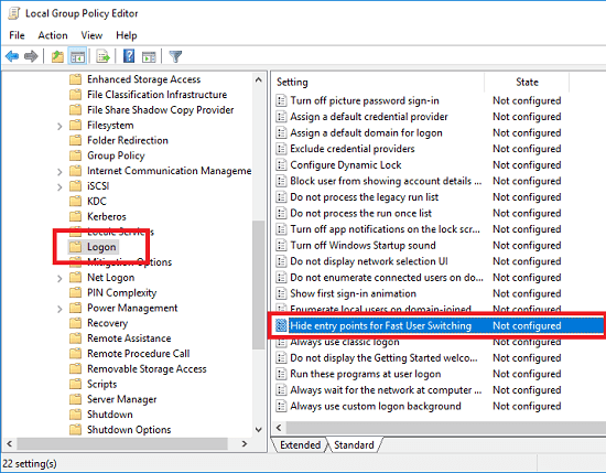 disable fast user switching group policy editor 1