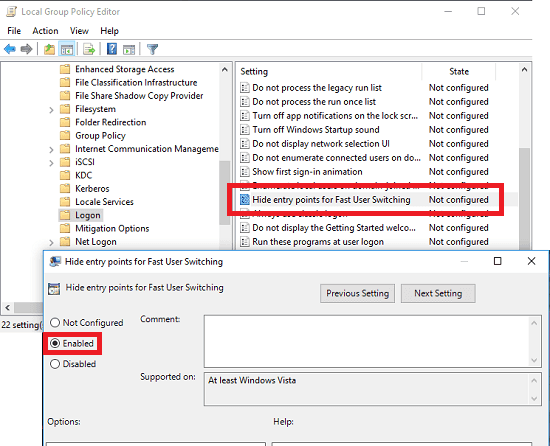 disable fast user switching group policy editor