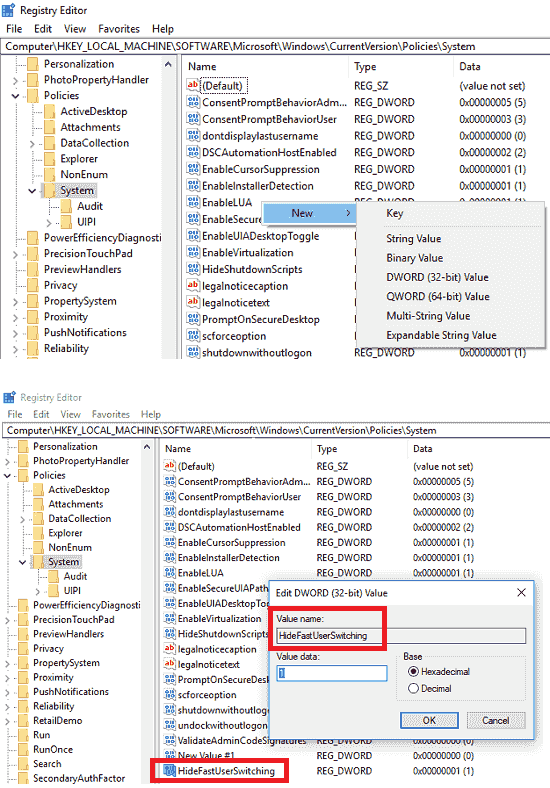 disable fast user switching registry 2