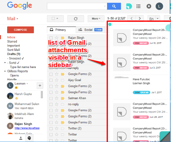 list of gmail attachments visible in sidebar