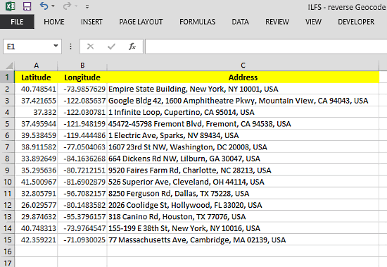 how to reverse geocode coordinates to address in ms excel