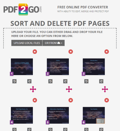 pdf2go sort and delete feature
