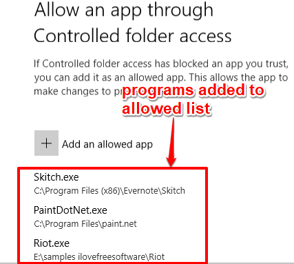 programs allowed through controlled folder access in windows 10