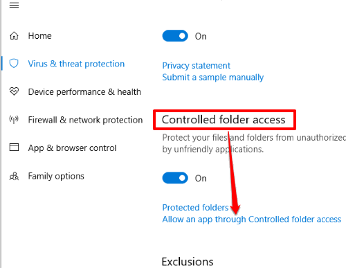 select allow an app through controlled folder access option