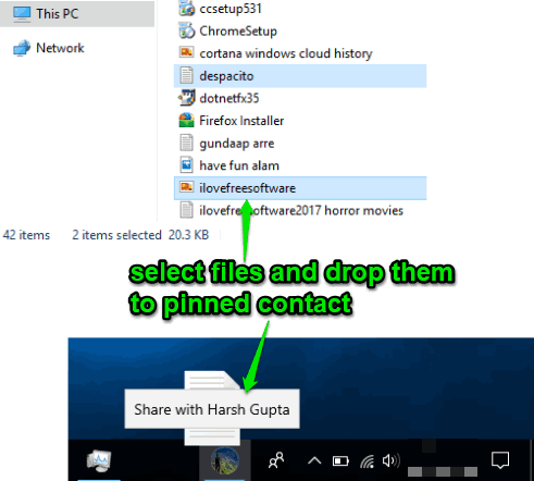 select files and drop them to pinned contact