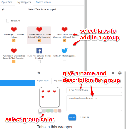 select tabs to add in group