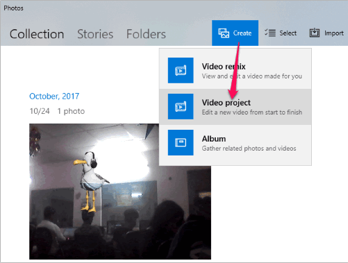 select video project option under create option