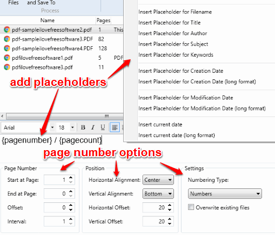 set page number options and placeholders
