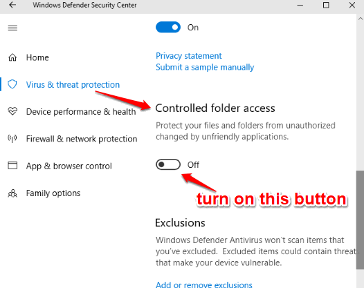 turn on controlled folder access option