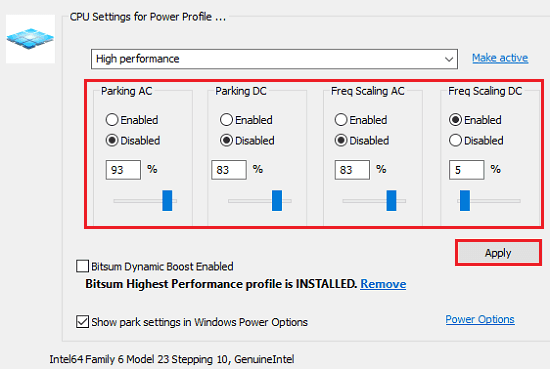 tweak cpu parking values in parkcontrol