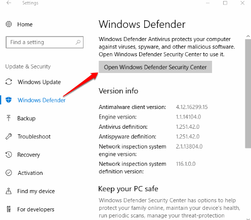 use open windows defender security center button