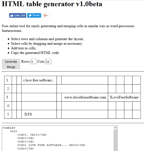 HTML table generator interface