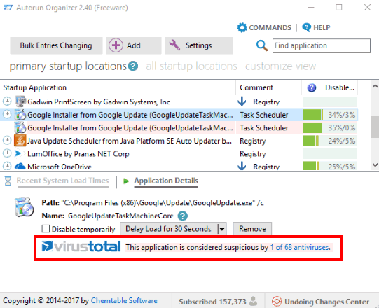 a startup entry checked for viruses with virustotal