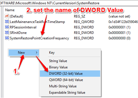 create systemrestorepointcreationfrequency dword value