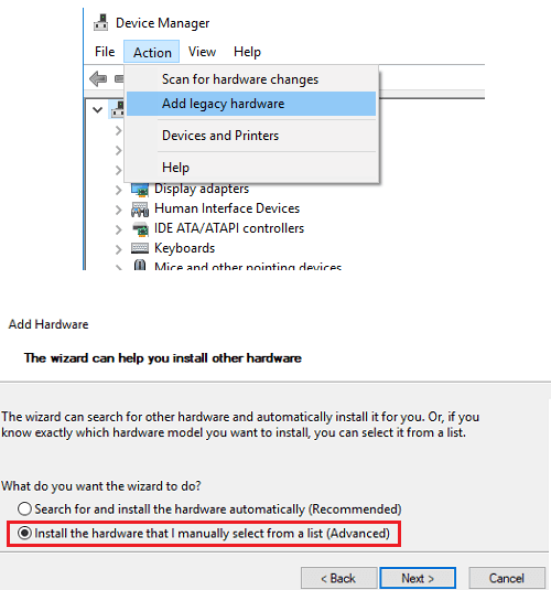 device manager add a legacy hardware