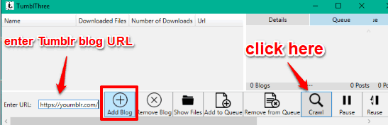 enter tumblr blog url and use crawl button