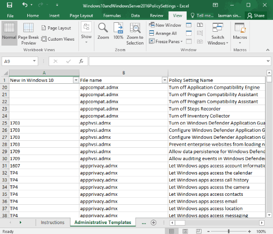 excel sheet showing group policy settings