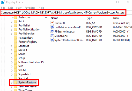 go to systemrestore registry key