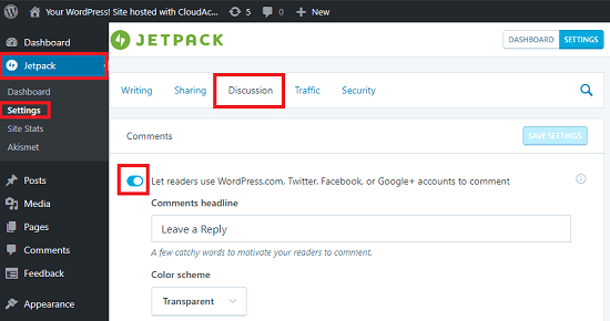 jetpack comments settings