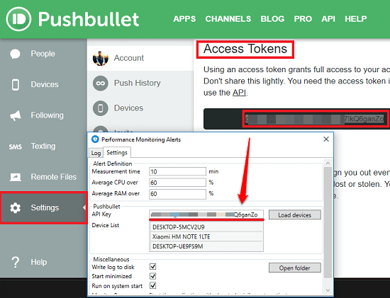 pushbullet API configuration