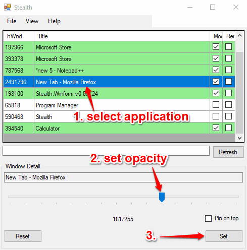 select application and set opacity