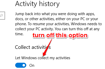 turn off let windows collect my activities option