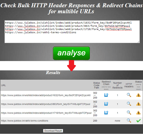 Bulk Redirect Checker Tool in action