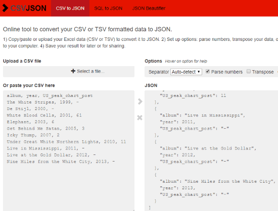 CSV to JSON website interface