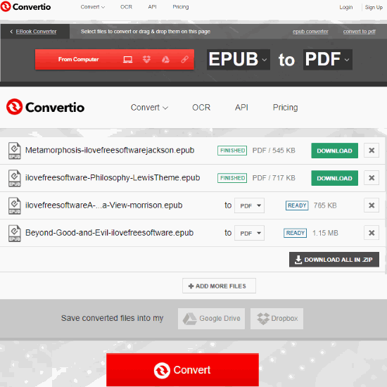 Convertio EPUB to MOBI website